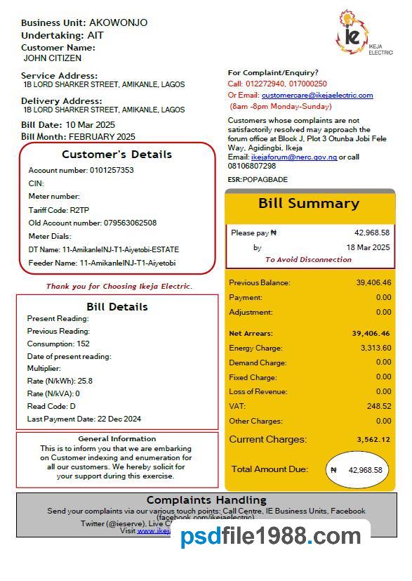 Nigeria IKEJA Electric Utility Bill